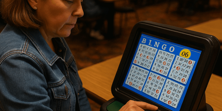 A middle aged woman playing electronic bingo