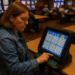 A middle aged woman playing electronic bingo