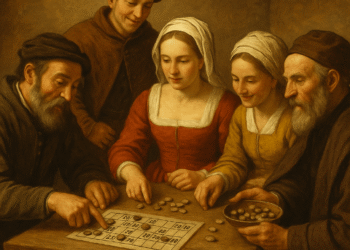 A picture showing Italians in the origins of where bingo was invented