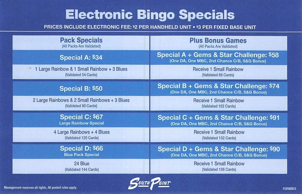Electronic Bingo Specials from South Point Casino
