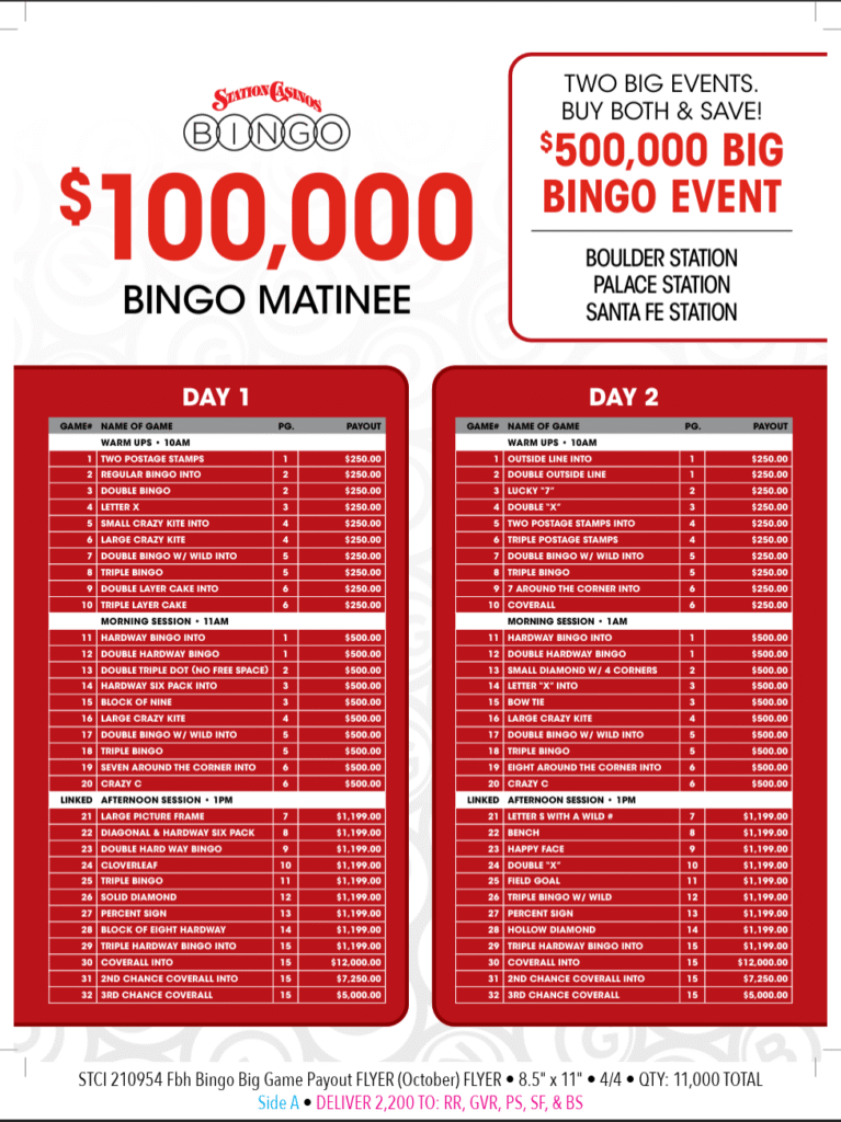 Station Casinos $100,000 Bingo Matinee flyer showing two-day payout schedule for Boulder Station, Palace Station, and Santa Fe Station bingo events with game names, times, and prize amounts up to $12,000 and $5,000 bonus rounds.