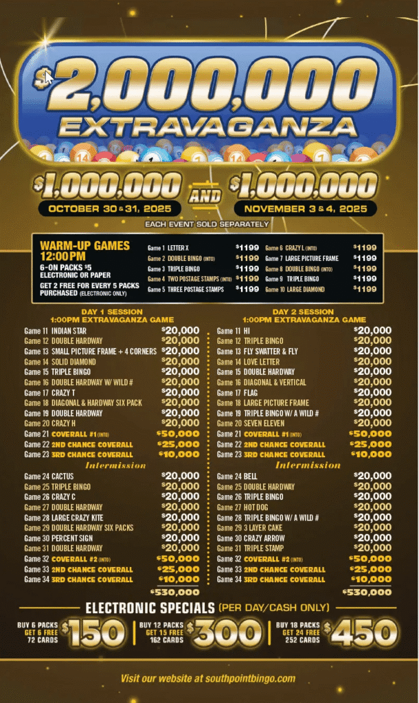 South Point Bingo $2,000,000 Extravaganza event flyer showing October 30–31 and November 3–4, 2025 tournaments at South Point Las Vegas. Details include $495 buy-in, $1,000,000 prize per event, and special hotel room offers.
