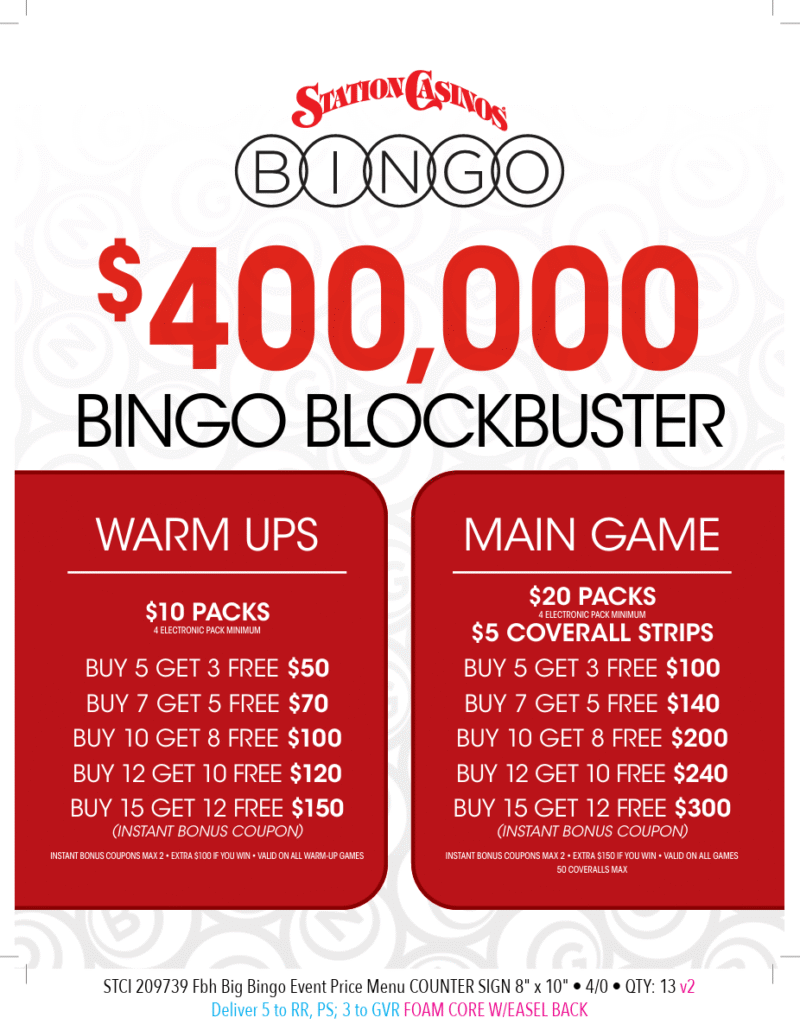 Station Casinos $400,000 Bingo Blockbuster flyer featuring warm-up and main game pack prices for Las Vegas bingo players, including $10 and $20 electronic packs with instant bonus coupons.