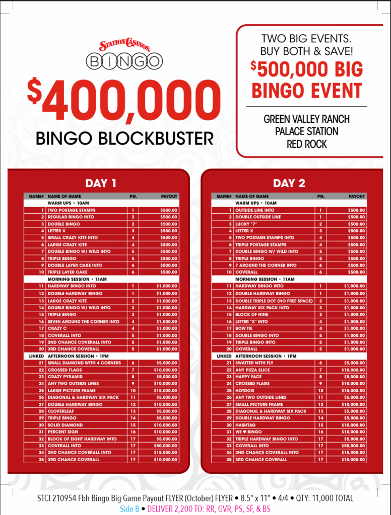 Station Casinos $400,000 Bingo Blockbuster flyer showing two-day payout schedule for Green Valley Ranch, Palace Station, and Red Rock bingo events with game names, times, and prizes up to $15,000 and $10,000.